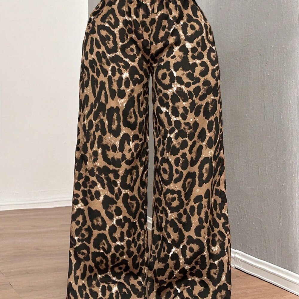Rust Brown Casual Leopard Print Women's Baggy Pants - Picture 3 of 8